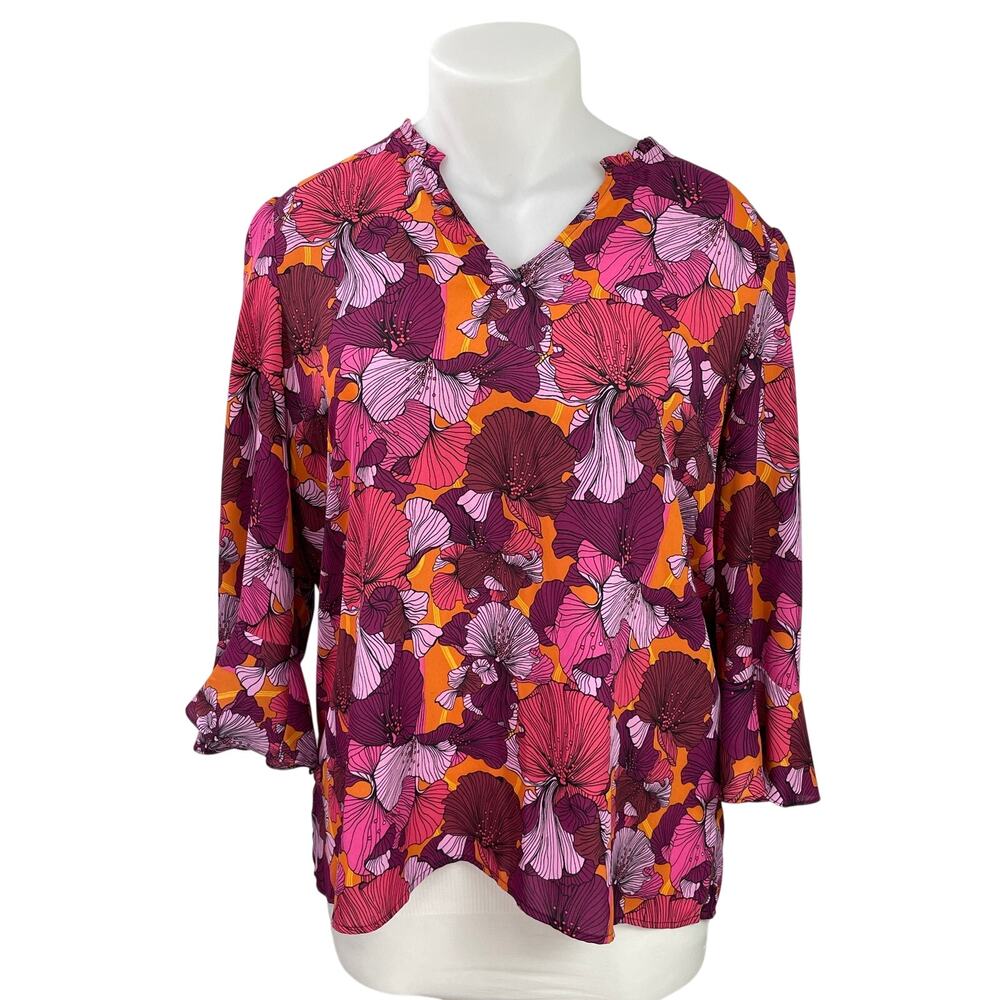 The Pioneer Woman Multicolor Long Bell Sleeves Floral Sheer Tunic Blouse Top XL